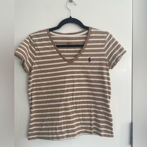 Ralph Lauren Women’s Tan and Cream Striped V-Neck Cropped T-Shirt Size S